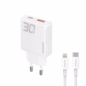 GaN Dudao A30EUL 30W USB-A / USB-C Wall Charger + USB-C - Lightning Cable - White