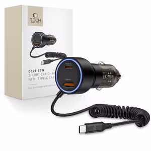 CC05 auton laturi 2-porttinen PD60W + USB-C kaapeli - Musta