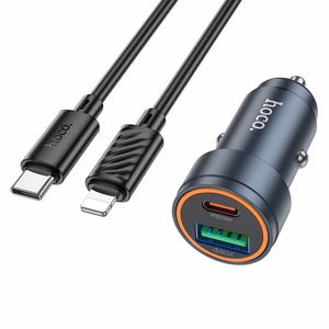 Autolaturi Hoco USB-A + USB-C QC3.0 PD 30W + USB-C - Lightning -kaapeli Z57A musta