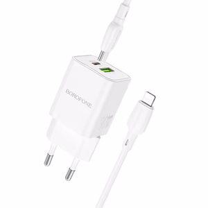 Borofone Seinälaturi BN14 Royal GaN - USB + Type C - QC 3.0 PD 30W Type C - Lightning kaapelilla valkoinen