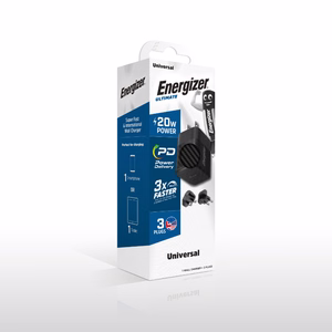 Energizer Ultimate A20MU GaN-matkalaturi EU-, UK- ja US-pistokkeilla, USB-C, 20 W PD, musta