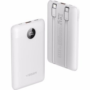 Ulkoinen akku Veger C11 (W1170) PD QC3.0 2A 22,5W 10000 mAh sisäänrakennetuilla USB C -kaapeleilla / Lightning valkoinen