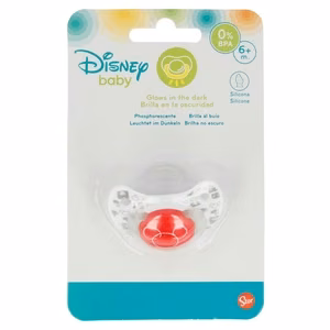 Mickey Mouse anatomisesti muotoiltu silikonitutti, 6 kk+, hohtaa pimeässä, punainen
