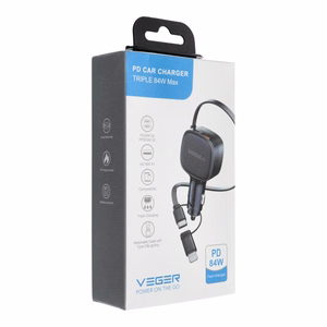 Autolaturi VEGER USB C + kaapeli USB C / Lightning QC PD 84W CC89 musta