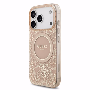 Guess IML Flowers Allover Strap MagSafe -suojakuori Apple iPhone 18 Pro -puhelimelle, vaaleanpunainen