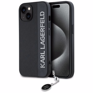 Karl Lagerfeld Saffiano Rhinestones & Charm Suojakuori iPhone 15 / 14 / 13:lle - musta