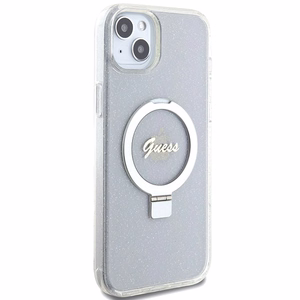 Guess GUHMP15MHRSGSD iPhone 15 Plus / 14 Plus 6.7" Läpinäkyvä/Läpinäkyvä Kova Suojakuori Ring Stand Script Glitter MagSafe