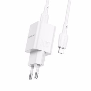 Borofone Wall charger BN14 Royal GaN - USB + Type C - QC 3.0 PD 30W with Type C to Lightning cable white