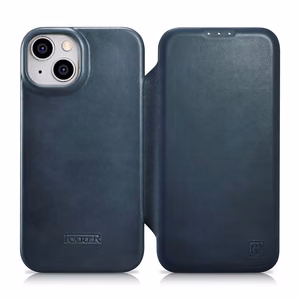 iCarer CE Öljyvaha Premium Nahka Folio Case iPhone 14 Plus magneettinen flip case MagSafe sininen (AKI14220707-BU)