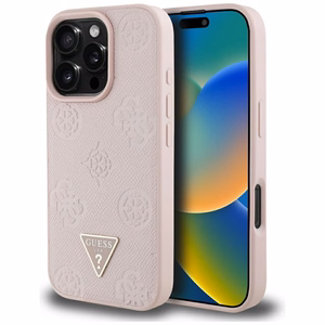 Guess Grained Hot Stamp Peony Triangle Logo MagSafe Suojakuori iPhone 16 Pro:lle - vaaleanpunainen