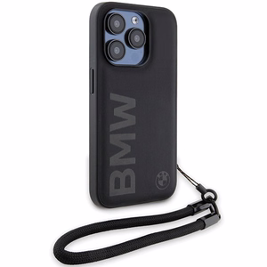 BMW Signature Nahkainen Wordmark Cord Suojakuori iPhone 15 Pro:lle - musta