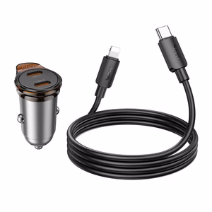 Autolaturi Hoco 2 x USB-C QC PD 45W + USB-C - Lightning -kaapeli NZ16B metallinen harmaa