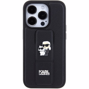 Karl Lagerfeld Gripstand Saffiano Karl&Choupette Pins Suojakuori iPhone 15 Prolle - musta