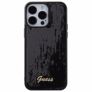 Guess Suojakuori iPhone 15 Pro Max 6,7:lle GUHCP15XPSFDGSK musta HC Sequin Script Metal