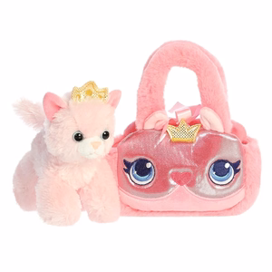 Fancy Pals ympäristöystävällinen prinsessakissa-pehmolelu kultakruunulla vaaleanpunaisessa laukussa, 20 cm