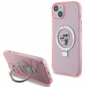 Karl Lagerfeld KLHMP15SHMRSKCP iPhone 15 6.1 vaaleanpunainen/vaaleanpunainen kovakuori Ring Stand Karl&Choupette MagSafe