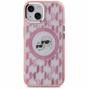 Karl Lagerfeld IML Monogram Karl & Choupette Head MagSafe Suojakuori iPhone 15 Plus:lle - Vaaleanpunainen