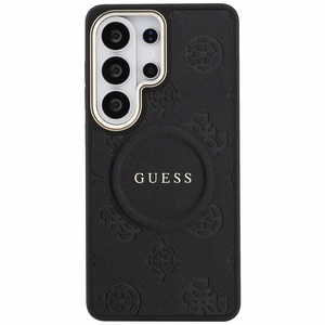 Guess Saffiano Peony Embossed Ring MagSafe -suojakuori Samsung Galaxy S26 Ultralle musta