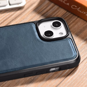 iCarer Nahka Öljyvaha kotelo päällystetty luonnollisella nahalla iPhone 14 sininen (WMI14220717-BU)