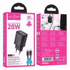 Puhelinlaturi Hoco USB-A + USB-C QC3.0 PD 3A 20W + USB-C - USB-C -kaapeli N61 musta