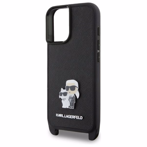 Karl Lagerfeld Saffiano Karl&Choupette Metal Pin CBDY hihna suojakuori iPhone 16:lle - musta