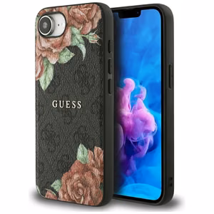 GUESS 4G Flowers Print MagSafe Alkuperäinen Suojakuori iPhone 17e/16e:lle - Musta