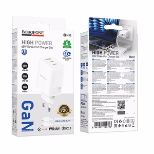 Borofone Wall charger BN32 Cargador GaN - USB + 2xType C - QC 3.0 PD 65W with Type C to Type C white