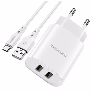 Borofone Seinälaturi BN2 Super - 2xUSB - 2,1A USB-C-kaapelilla valkoinen
