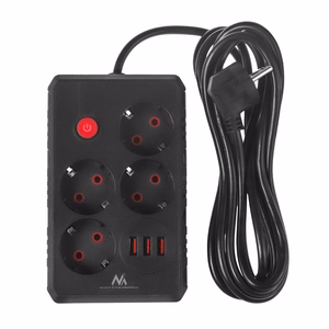 Maclean MCE393 B -jatkojohto, 4 pistorasiaa ja 3 USB-porttia, 110–240 V AC, 50/60 Hz, 2,1 A, enint. 2500 W, 3 m, musta