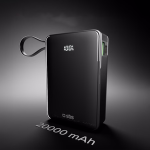 Powerbank SBS 20000 mAh 20W, jossa on sisäänrakennettu USB-C-kaapeli ja digitaalinen näyttö - musta