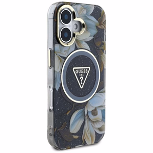 Guess suojakuori iPhone 16:lle MagSafe-tuella GUHMP16SHFLPEDK (IML Metal Glitter Flowers Triangle) - musta