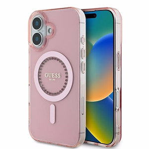 Guess IML Rhinestones MagSafe Suojakuori iPhone 16:lle - vaaleanpunainen