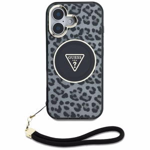 Guess HC IML Leopard Triangle Cord Strap MagSafe Suojakuori iPhone 16:lle - musta