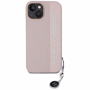 Karl Lagerfeld Saffiano Rhinestones & Charm Suojakuori iPhone 15 / 14 / 13:lle - vaaleanpunainen