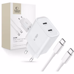 Tech-Protect C20W 2x USB-C PD 20W laturi USB-C / USB-C -kaapelilla - valkoinen