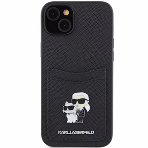 Karl Lagerfeld Saffiano Cardslot Karl&Choupette Metal Pin suojakuori iPhone 15:lle - musta