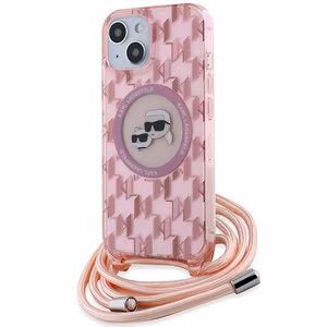 Karl Lagerfeld IML Crossbody Monogram Karl & Choupette Head MagSafe Suojakuori iPhone 15 / 14 / 13:lle - vaaleanpunainen