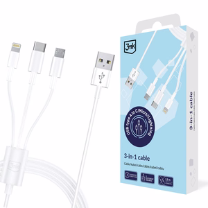 3mk-kaapeli 3in1 USB-A - micro USB / Lightning / USB-C 1,2 m 20V/2.4A 15W - valkoinen