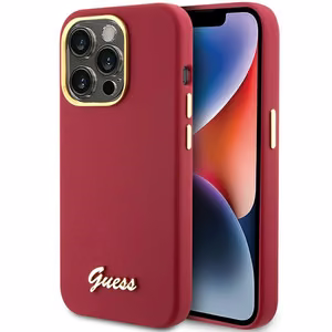 Guess Silicone Script Metal Logo & Frame kotelo iPhone 15 Pro - punainen