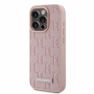 Karl Lagerfeld Nahkainen Monogram Metal Logo Suojakuori iPhone 15 Pro Maxille - vaaleanpunainen