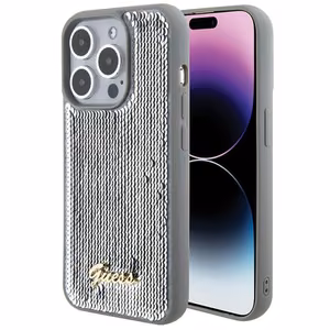Guess Sequin Script Metal Suojakuori iPhone 15 Pro:lle - hopeinen