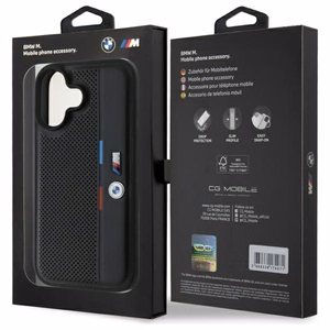 BMW M Perforated Tricolor Detail Line Suojakuori iPhone 16:lle - musta
