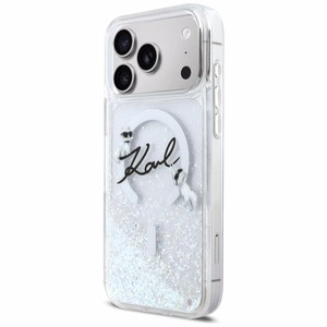 Karl Lagerfeld Liquid Glitter Karl Script Logo MagSafe suojakuori iPhone 17 Pro Max läpinäkyvä