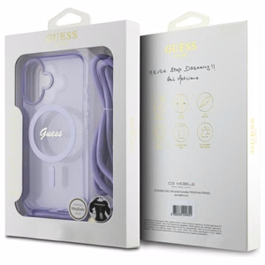 Guess Crossbody Cord Script MagSafe suojakuori iPhone 16:lle - violetti