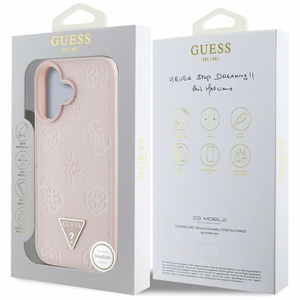 Guess Grained Hot Stamp Peony Triangle Logo MagSafe Suojakuori iPhone 16:lle - vaaleanpunainen