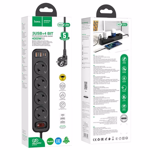 Laturi-jatkojohto Hoco NS1 2xUSB + 1xUSB-C + 4xEU-pistoke 3A 20W musta