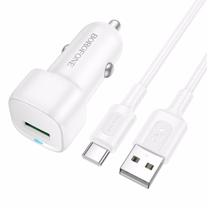 Borofone BZ34 Cloud -autolaturi - USB - QC 3.0 18W ja USB - Type C -kaapeli, valkoinen