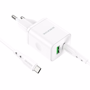 Borofone Seinälaturi BN7 - USB + Type C - QC 3.0 PD 20W Type C - Type C -kaapelilla valkoinen