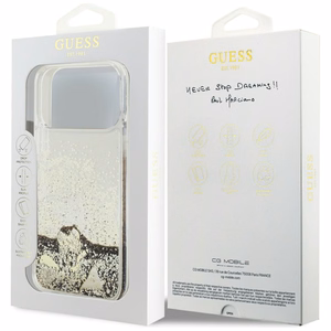 Guess Liq. Glitter 4 Charms Suojakuori iPhone 17 Pro Max:lle - kultainen
