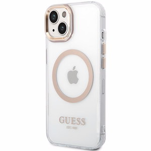 Guess Metal Outline MagSafe Suojakuori iPhone 15 Plus / 14 Plus:lle - kultainen